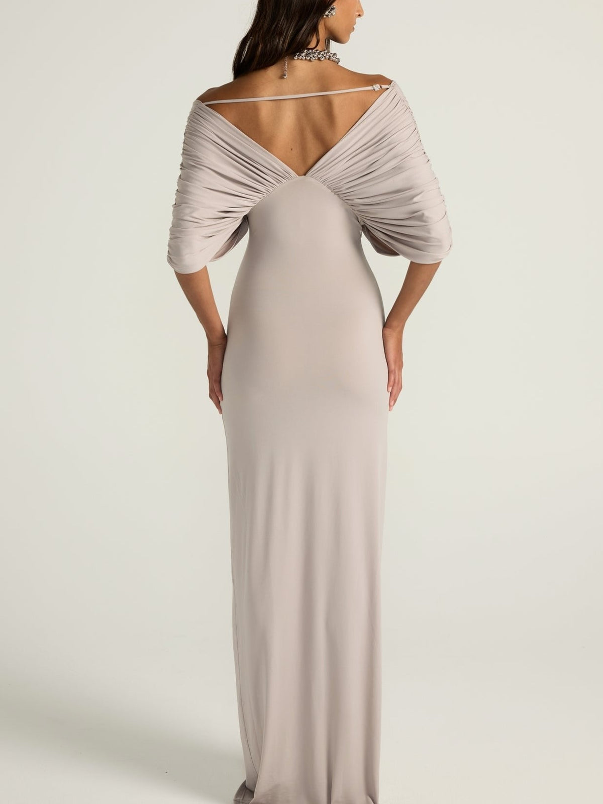 Grey Draped Off-Shoulder Maxi Dress