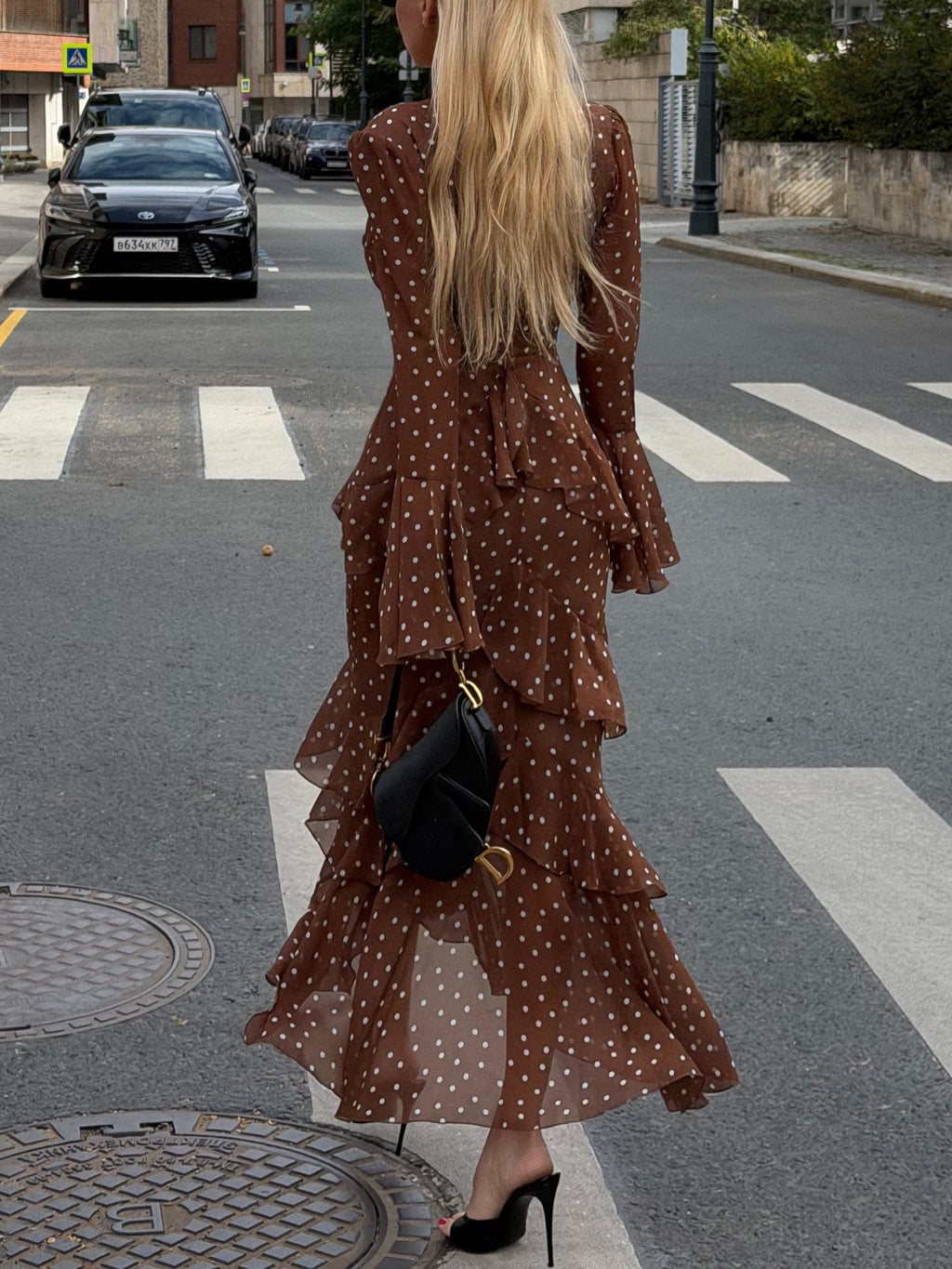 Brown Polka Dot Ruffle Midi Dress