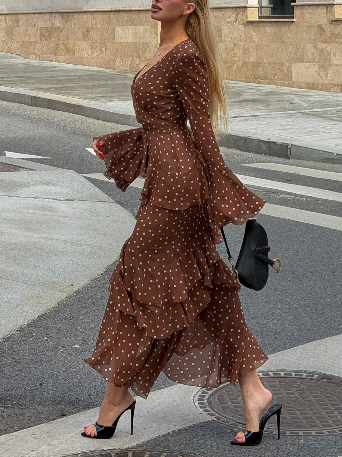 Brown Polka Dot Ruffle Midi Dress
