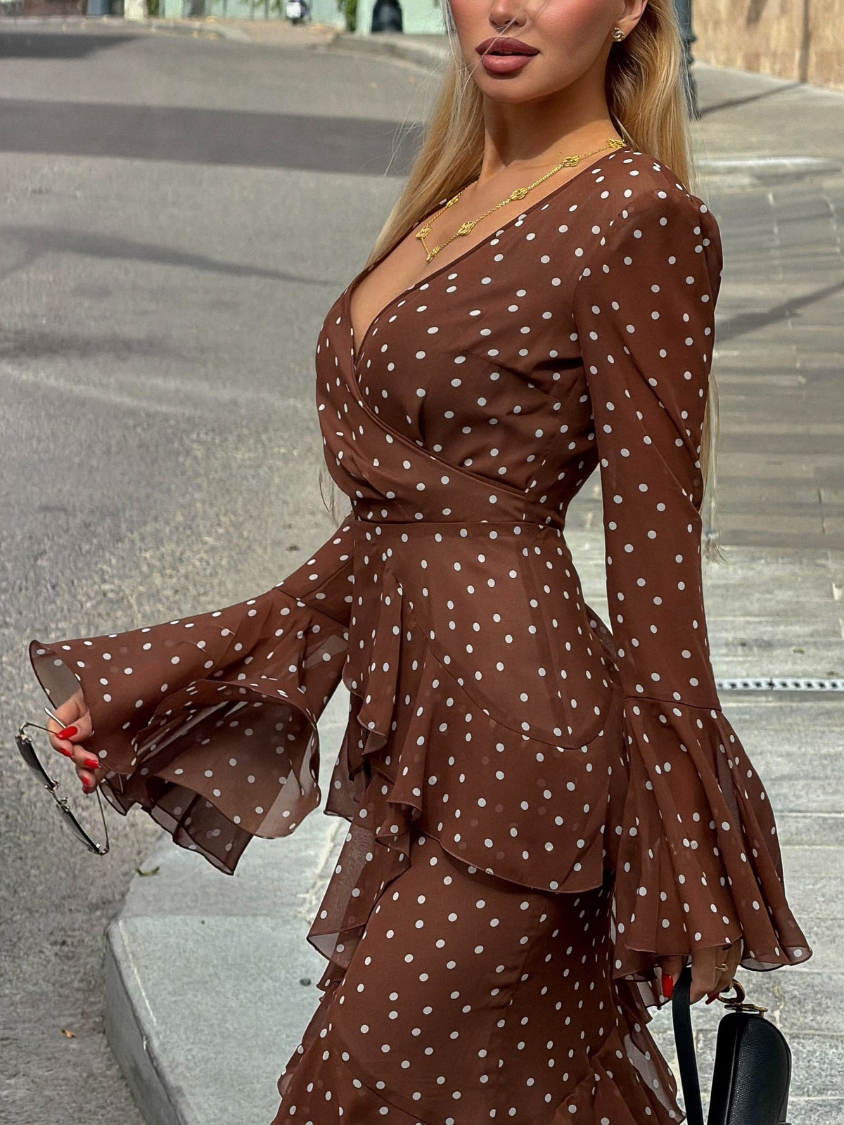 Brown Polka Dot Ruffle Midi Dress