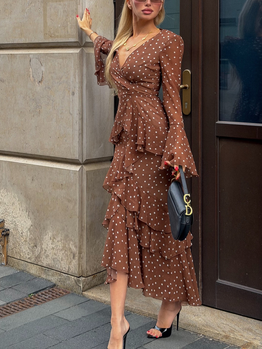 Brown Polka Dot Ruffle Midi Dress