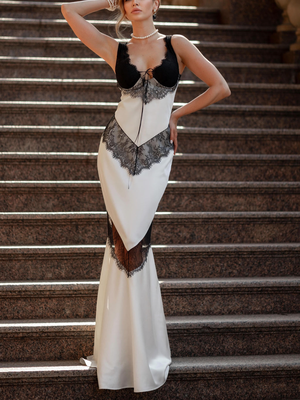 White Black Lace Mermaid Maxi Dress