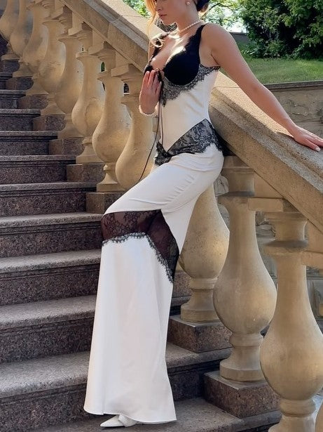 White Black Lace Mermaid Maxi Dress