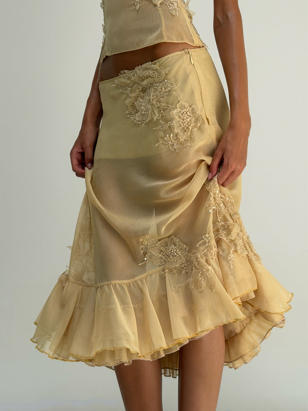 Yellow Lace Applique Midi Dress Set