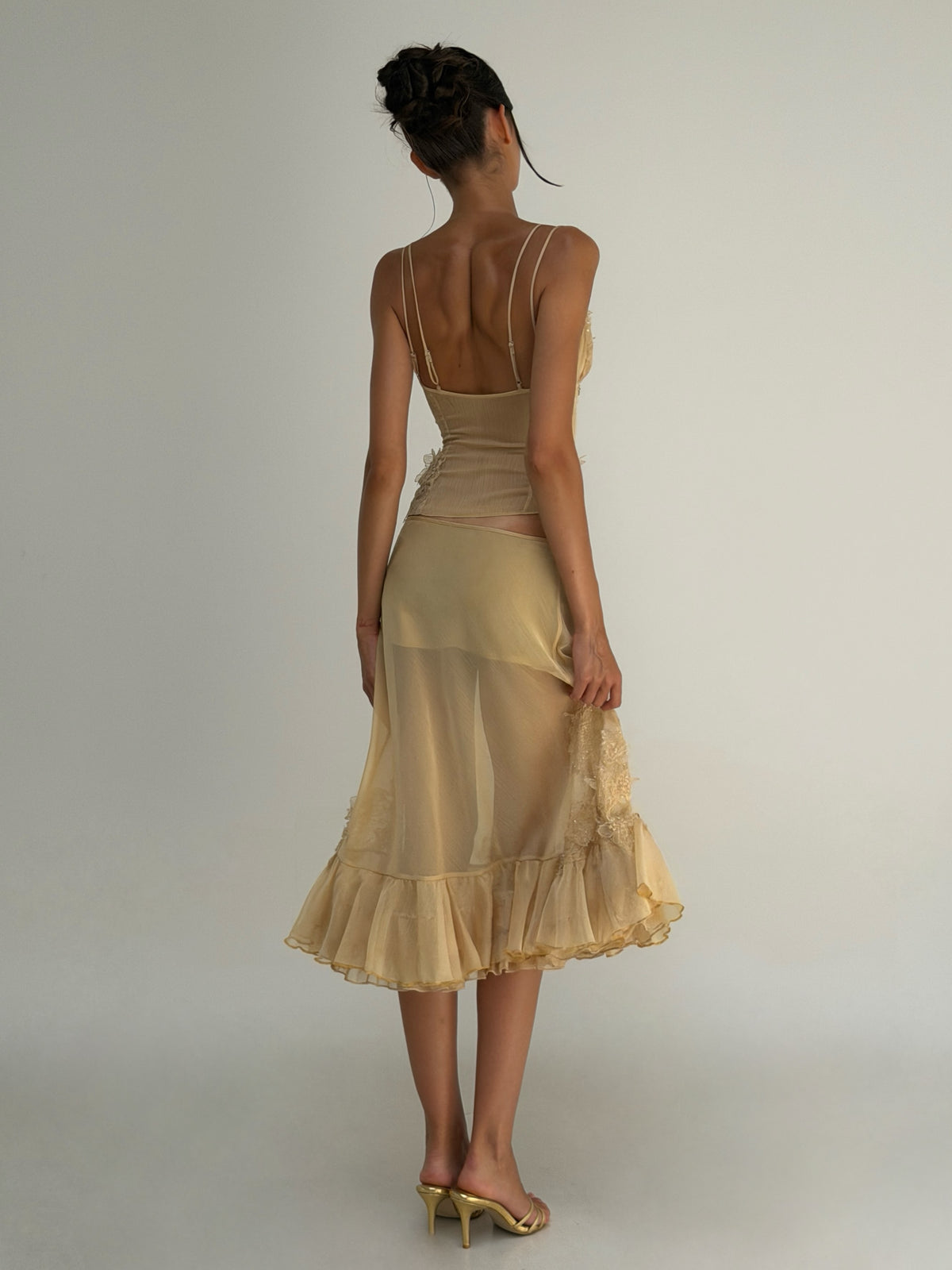 Yellow Lace Applique Midi Dress Set