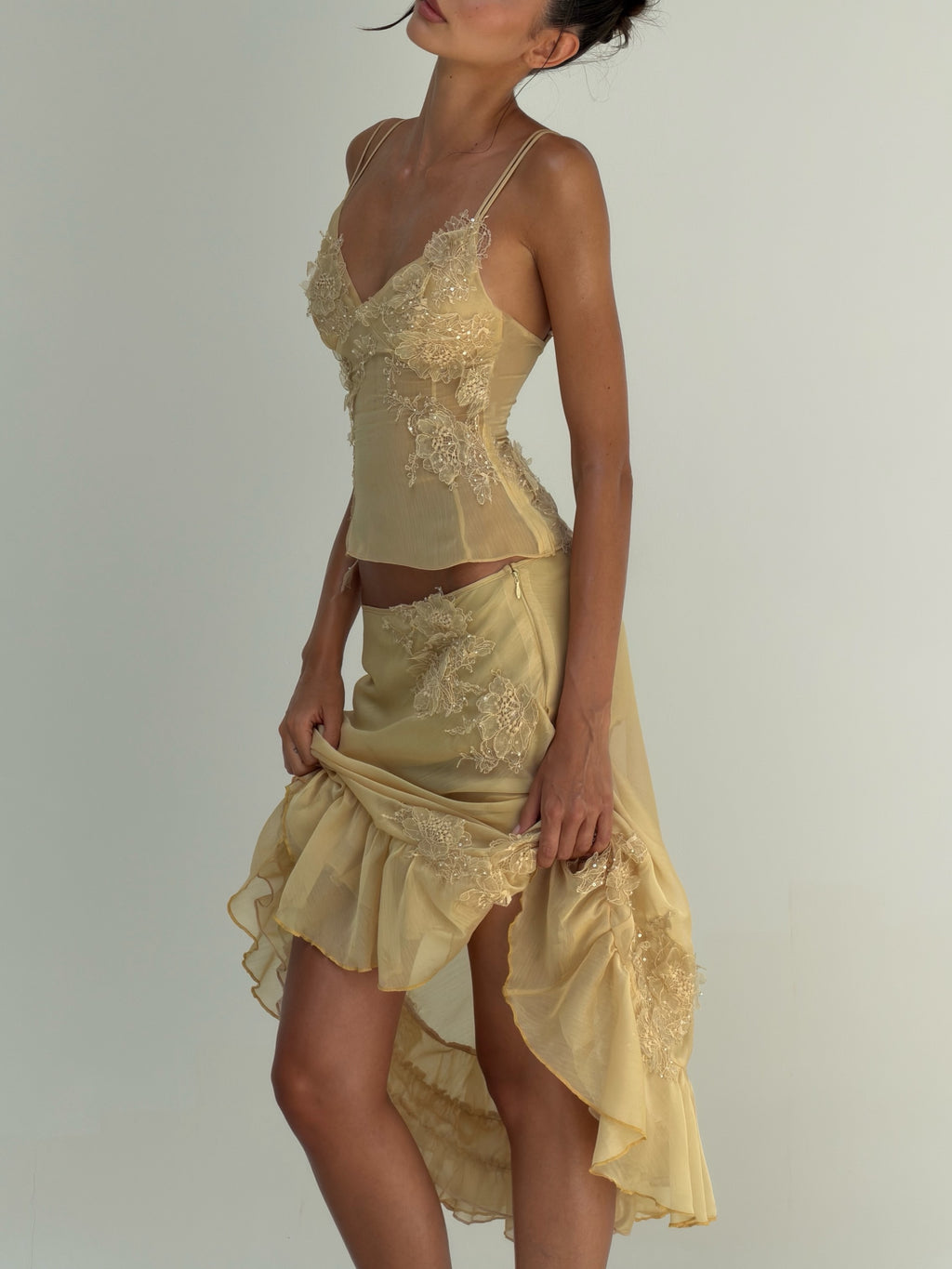 Yellow Lace Applique Midi Dress Set