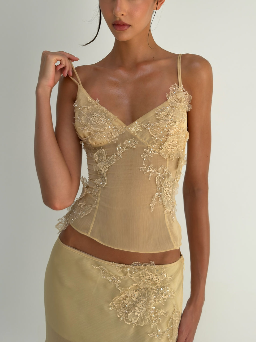 Yellow Lace Applique Midi Dress Set