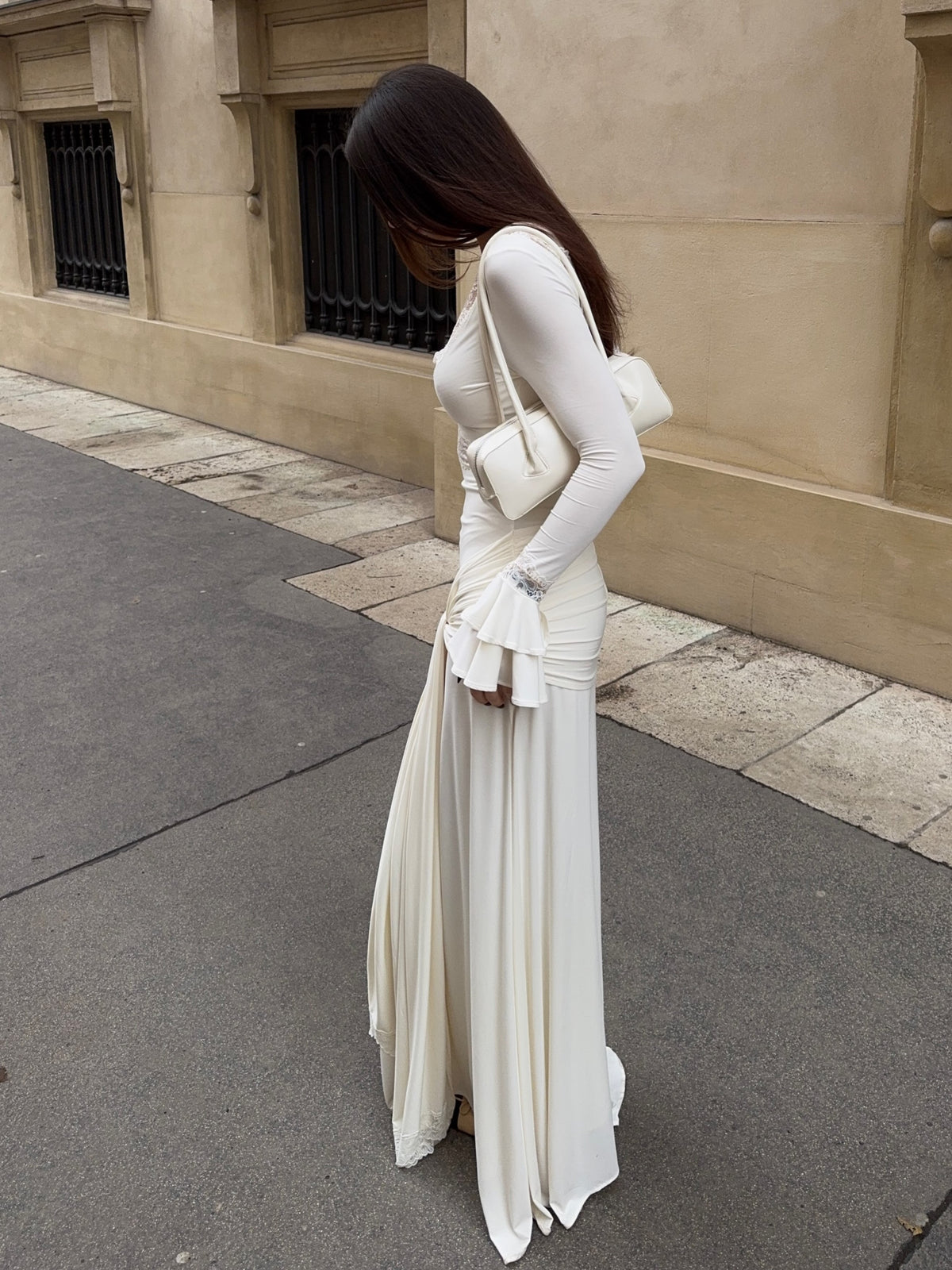 Cream Lace Trim Ruched Maxi Dress
