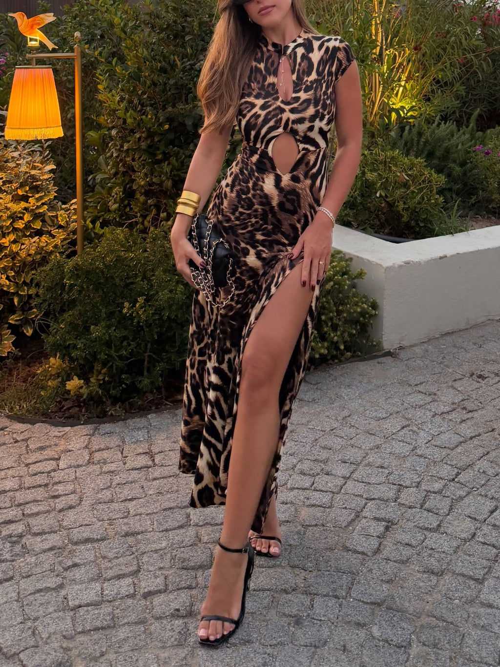 Leopard Print Cutout High Slit Maxi Dress