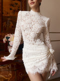 White Sheer Lace Ruffle Mini Dress