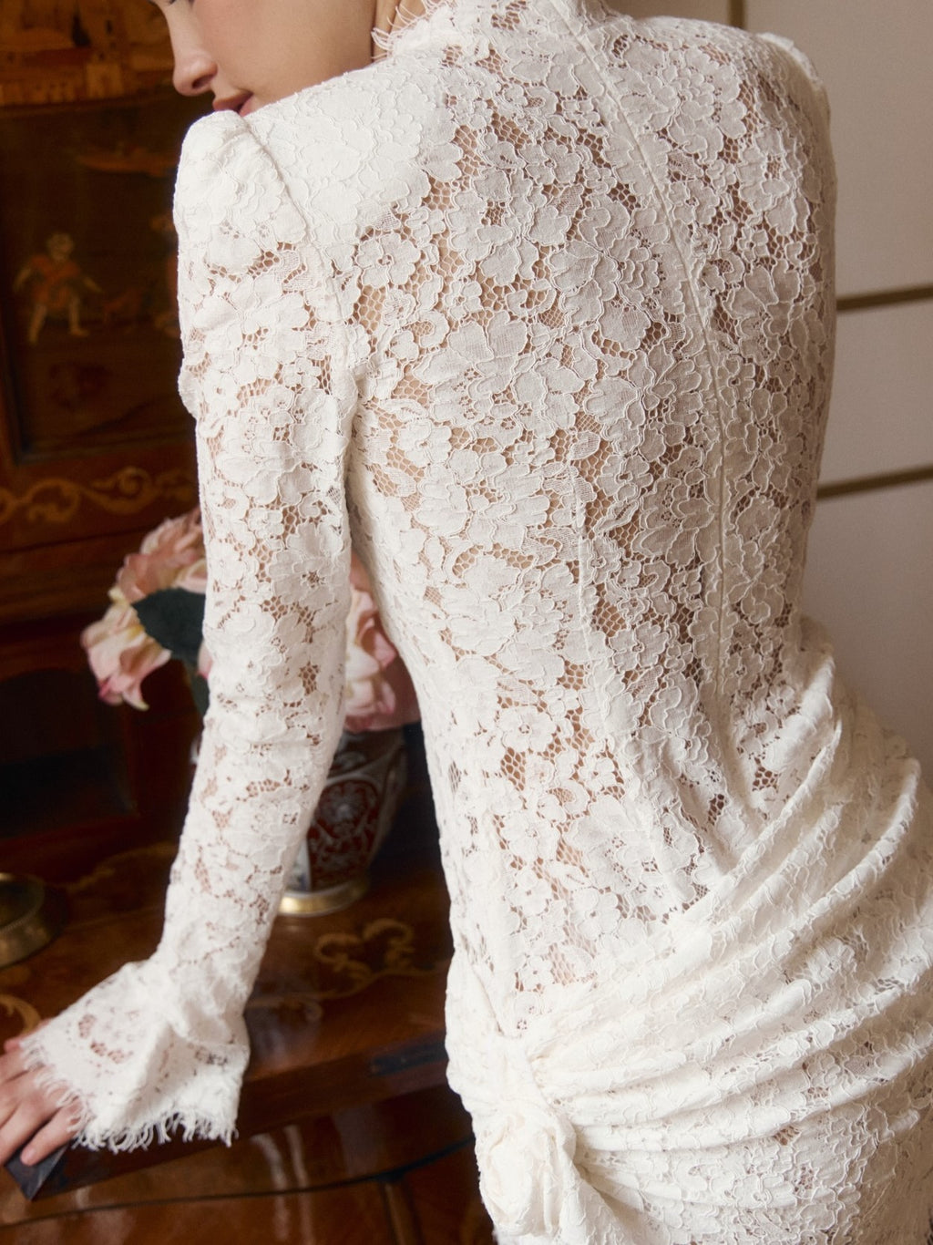 White Sheer Lace Ruffle Mini Dress