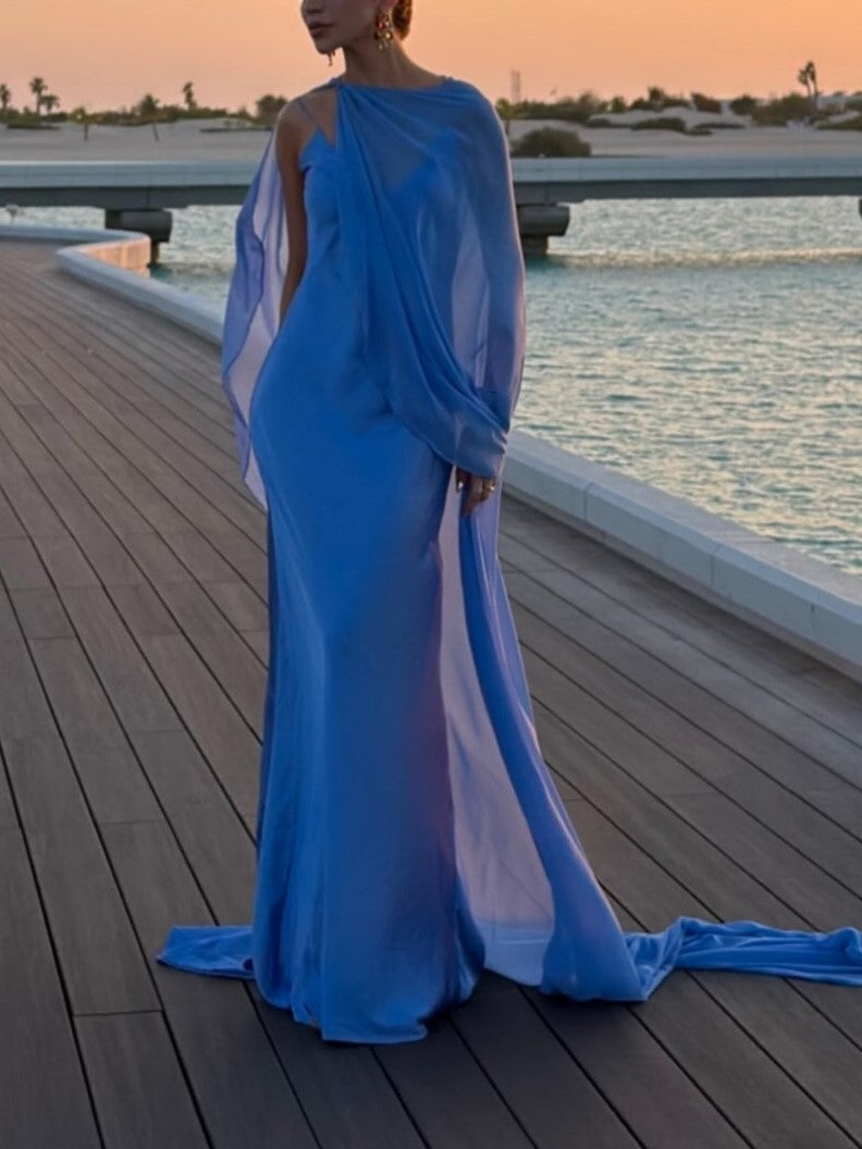 Blue Satin Draped Cape Maxi Dress