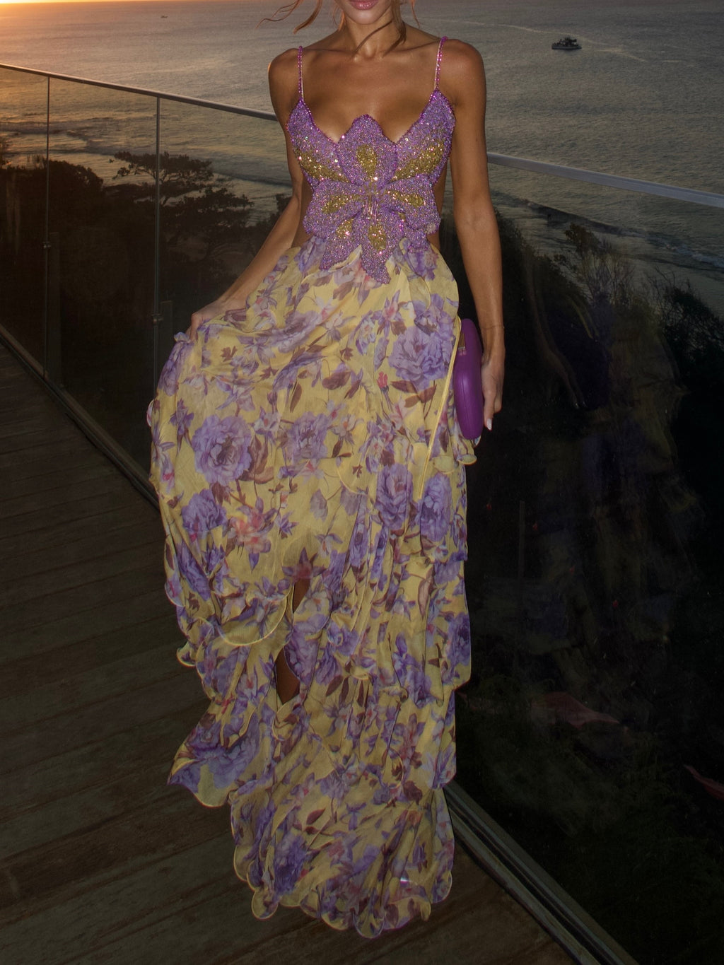 Yellow Purple Floral Tiered Maxi Dress