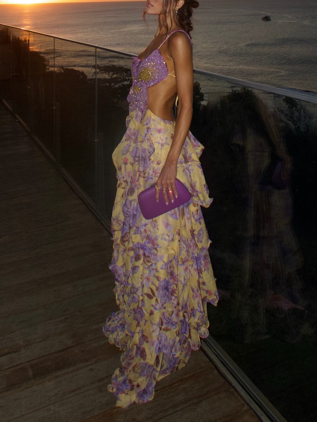 Yellow Purple Floral Tiered Maxi Dress