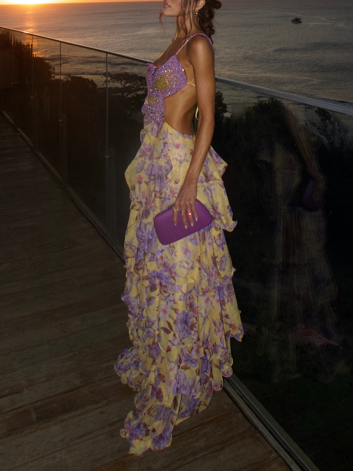 Yellow Purple Floral Tiered Maxi Dress