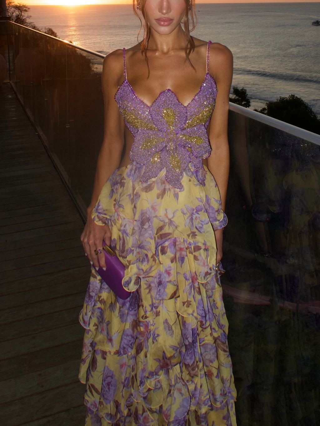 Yellow Purple Floral Tiered Maxi Dress