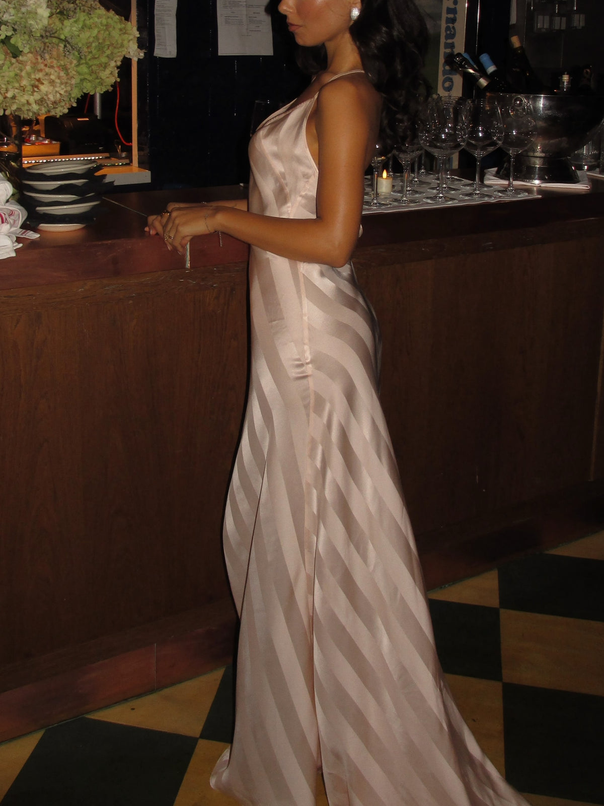 Champagne Satin Striped Maxi Dress