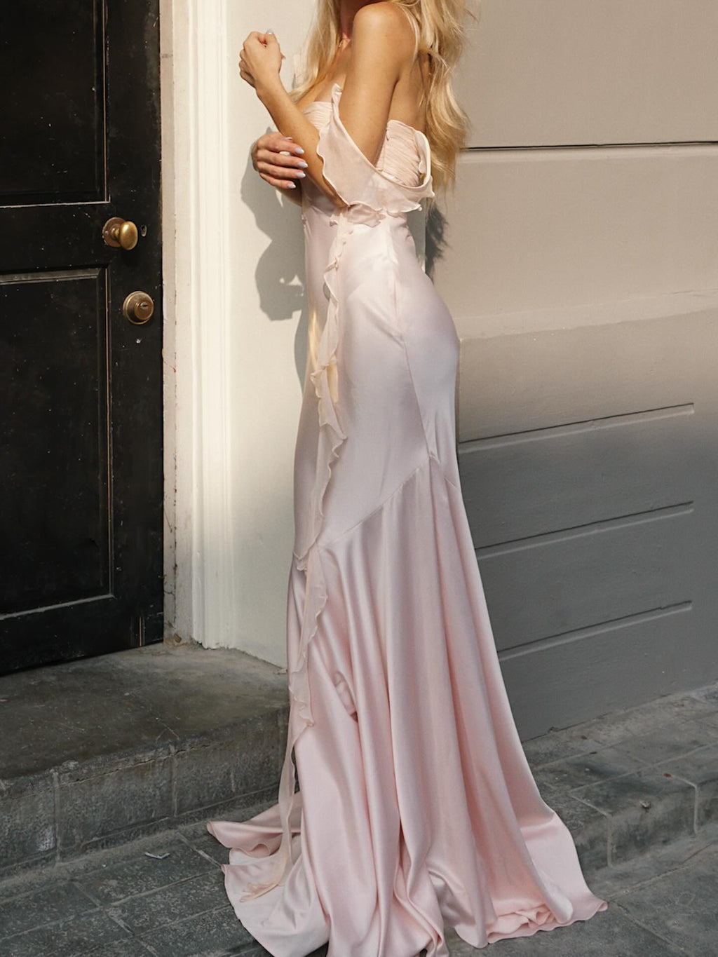 Pink Satin Draped Mermaid Maxi Dress