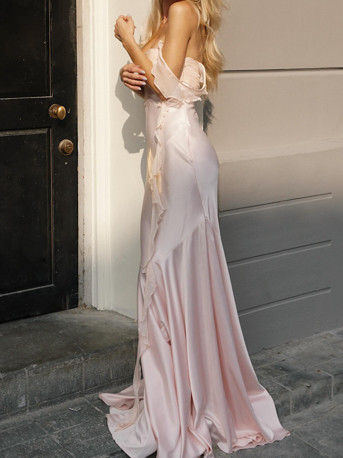 Pink Satin Draped Mermaid Maxi Dress