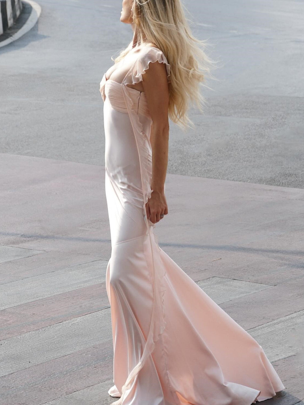 Pink Satin Draped Mermaid Maxi Dress