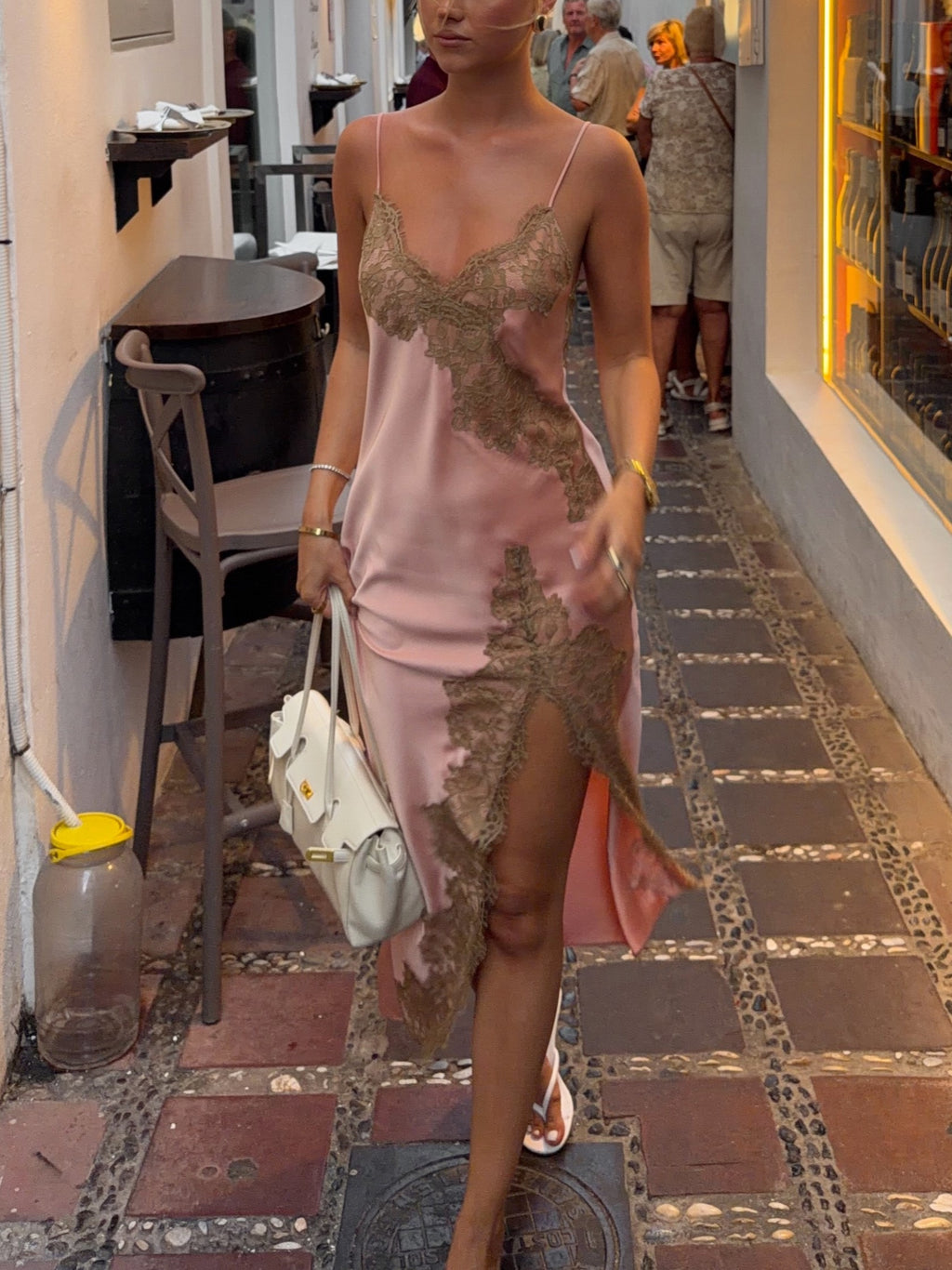 Pink Satin Lace Trim Midi Dress