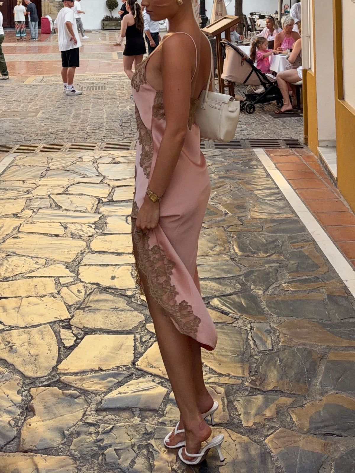 Pink Satin Lace Trim Midi Dress