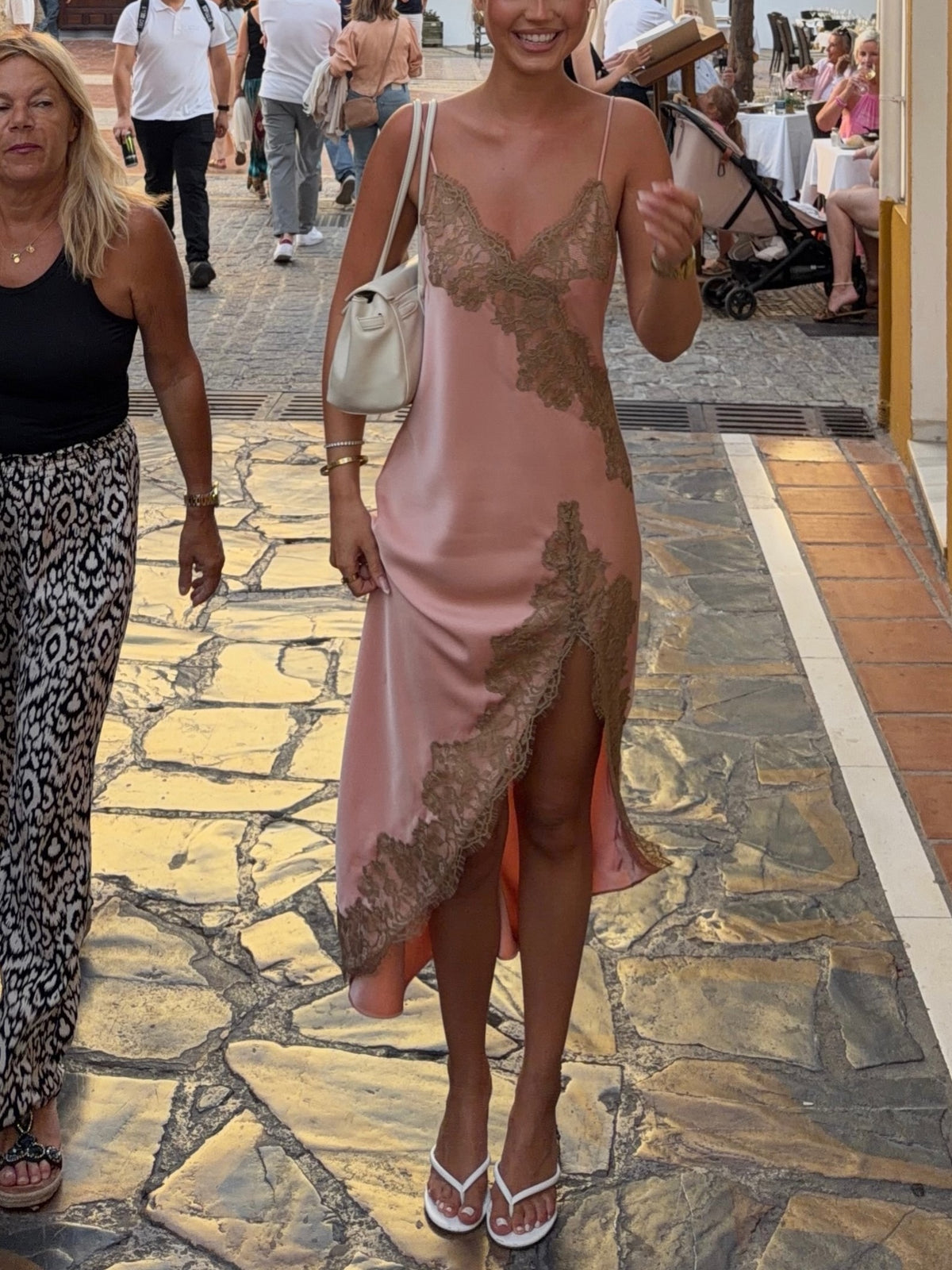 Pink Satin Lace Trim Midi Dress