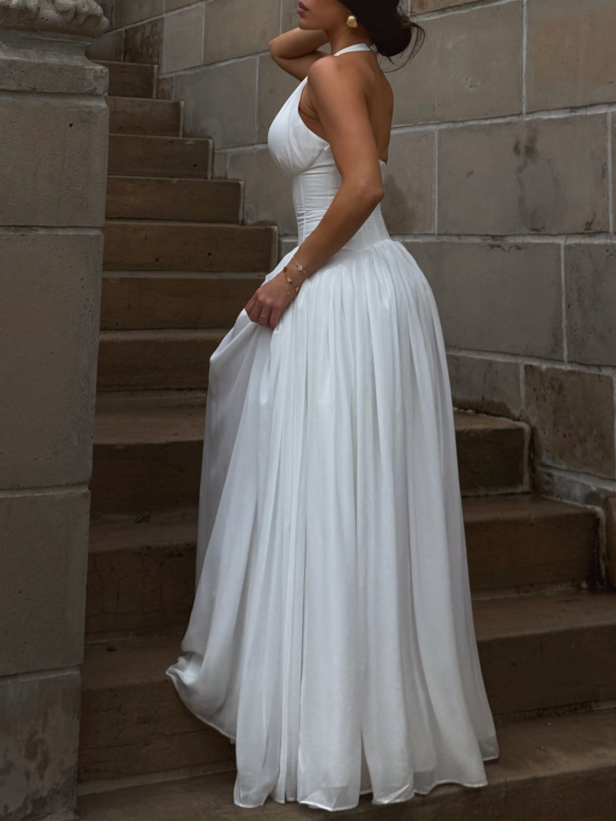 White Halter Corset Pleated Maxi Dress