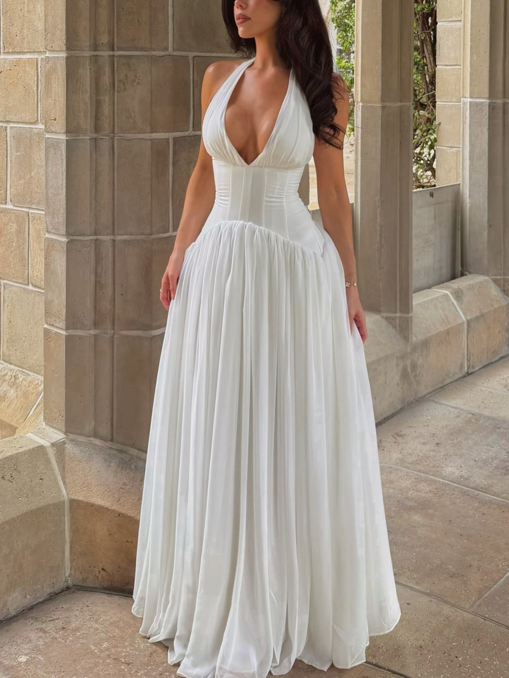 White Halter Corset Pleated Maxi Dress
