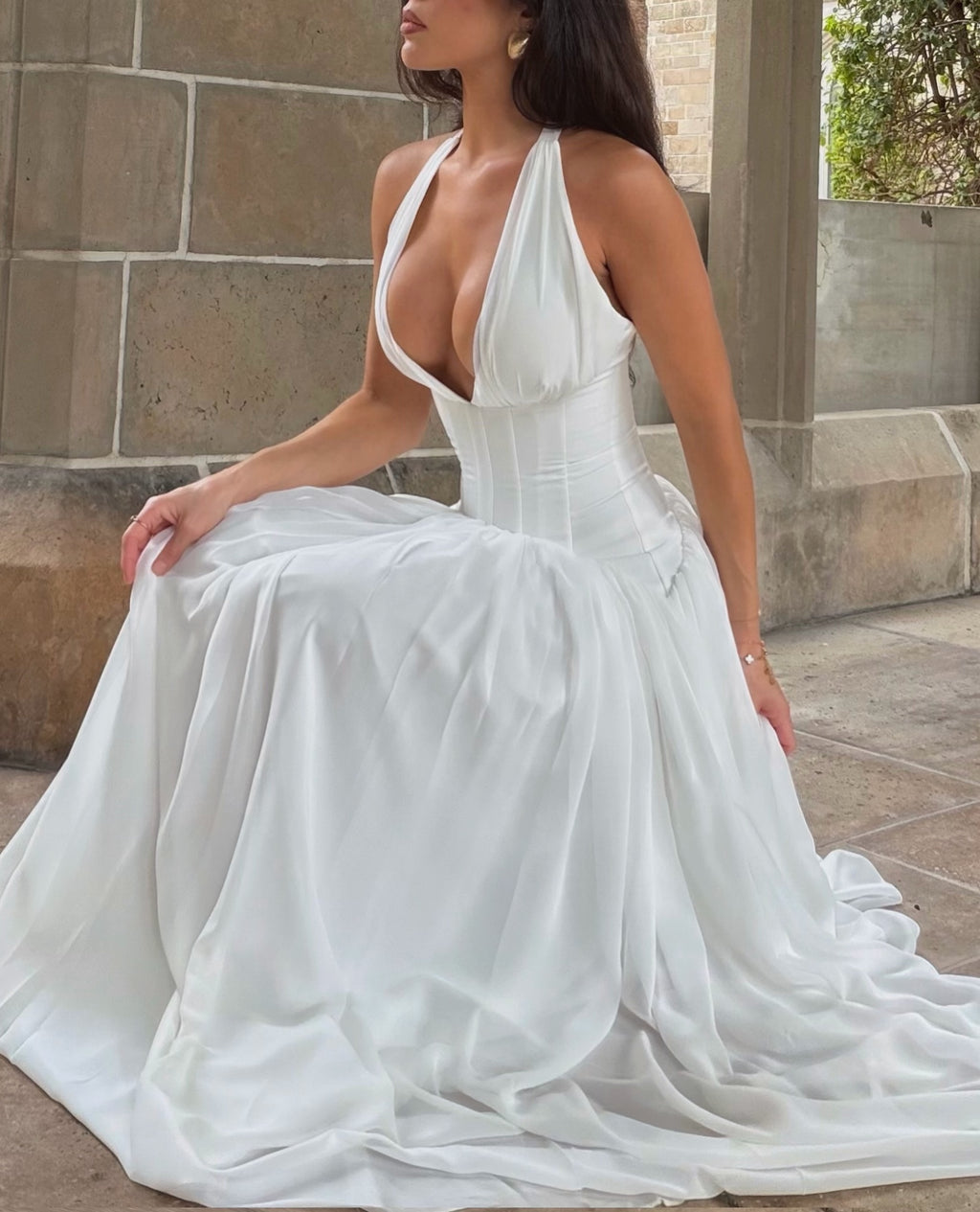 White Halter Corset Pleated Maxi Dress