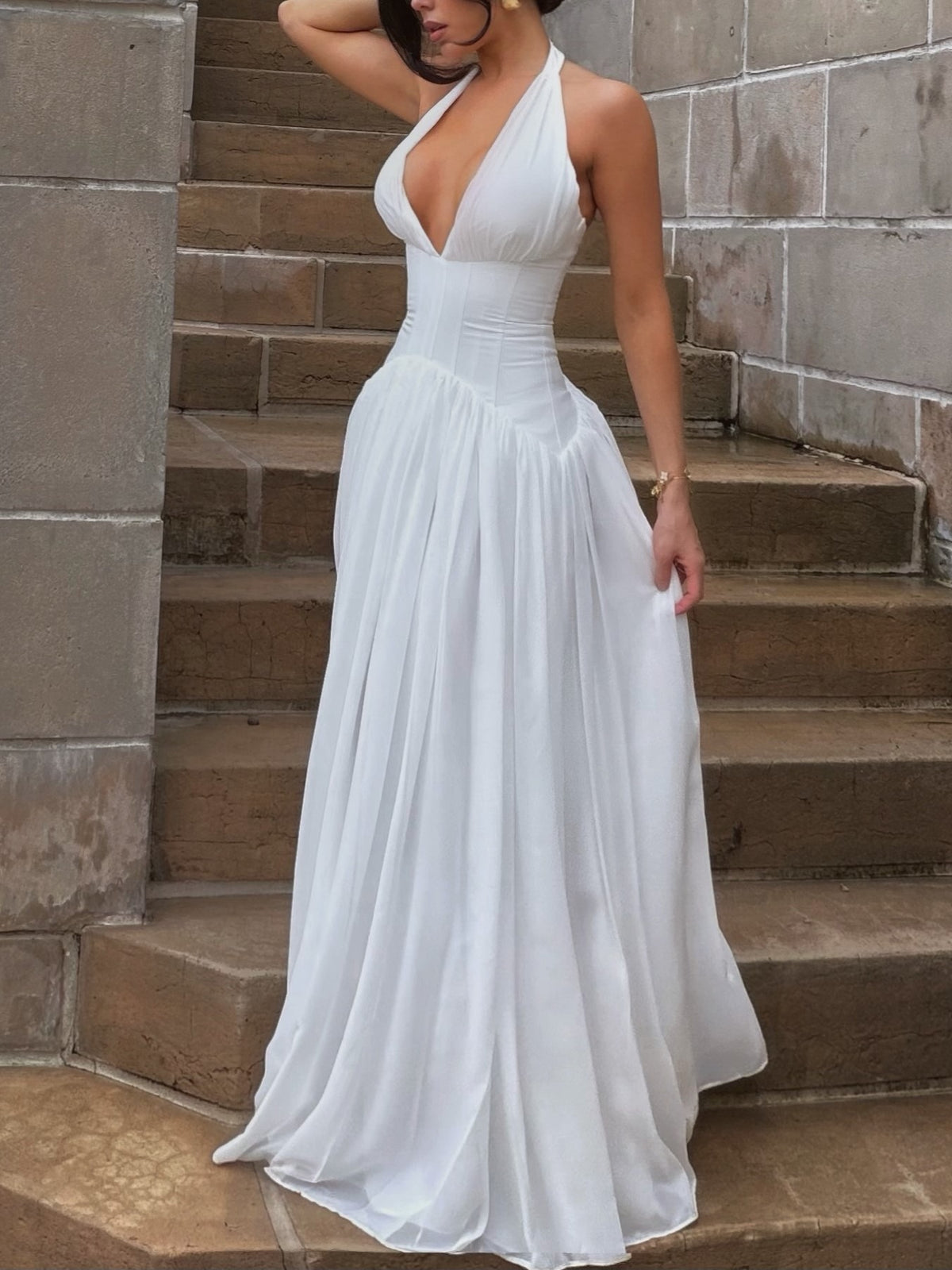 White Halter Corset Pleated Maxi Dress