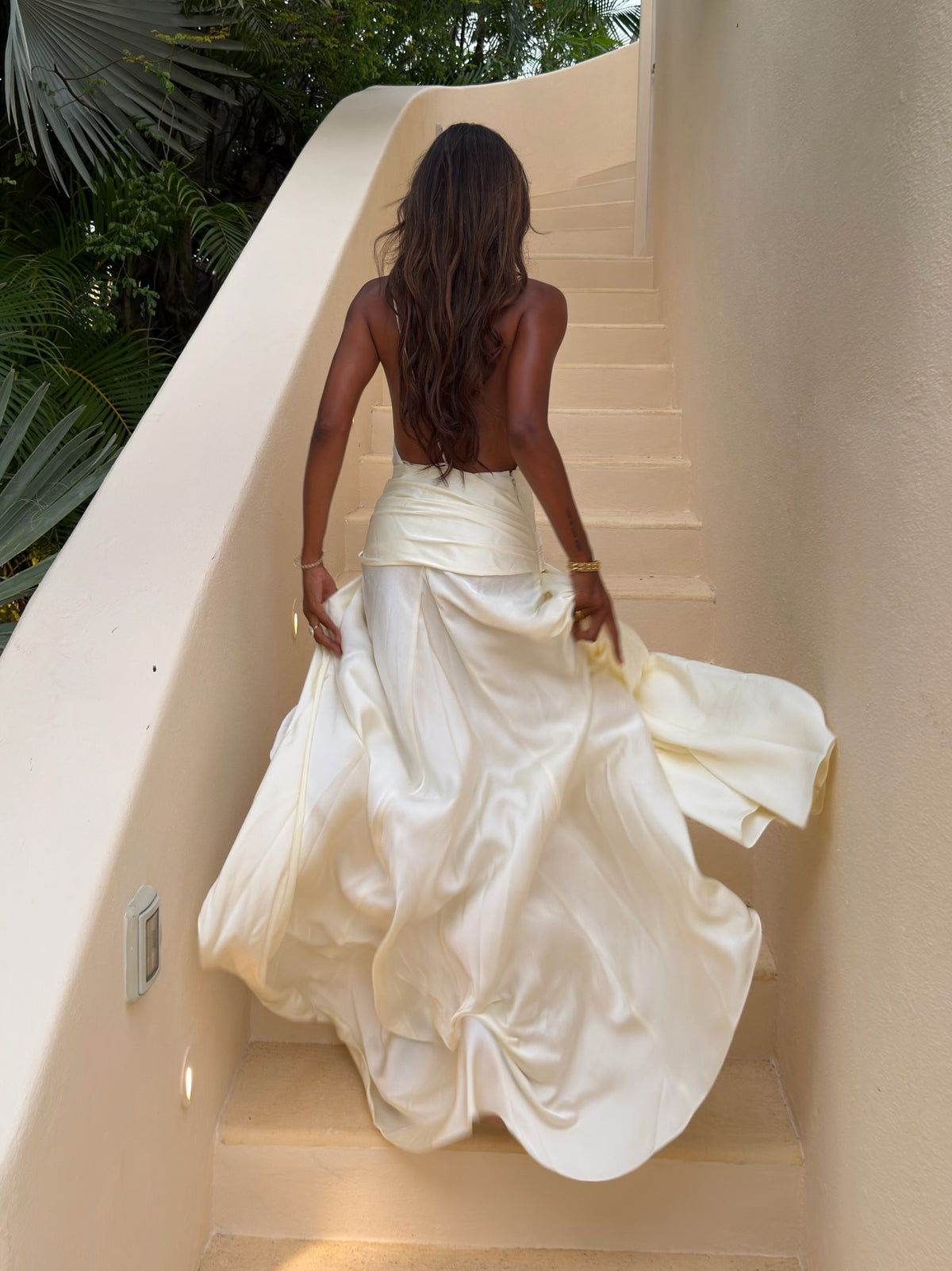 Cream Satin V-Neck Ruched Maxi Dress