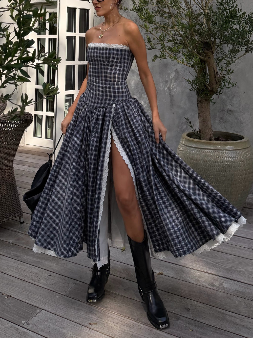 Blue Plaid Strapless High Slit Midi Dress
