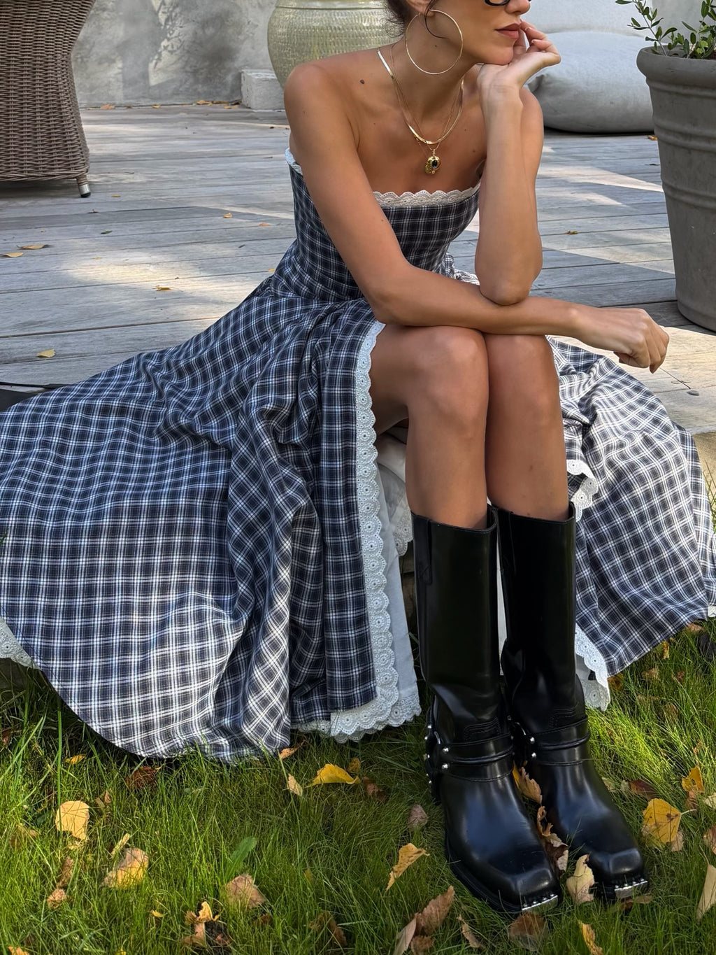Blue Plaid Strapless High Slit Midi Dress