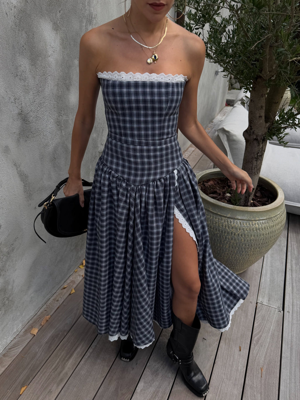 Blue Plaid Strapless High Slit Midi Dress