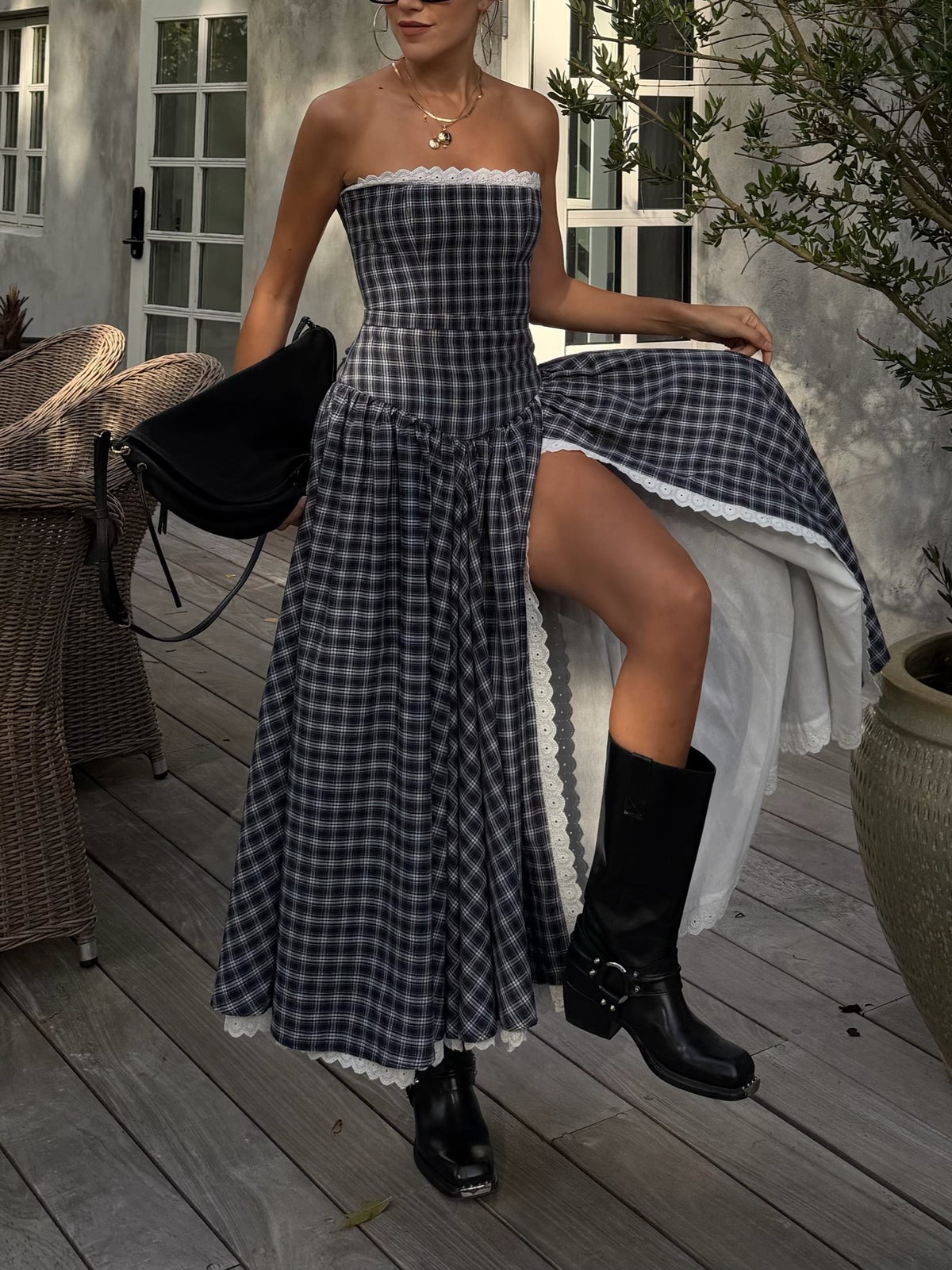 Blue Plaid Strapless High Slit Midi Dress