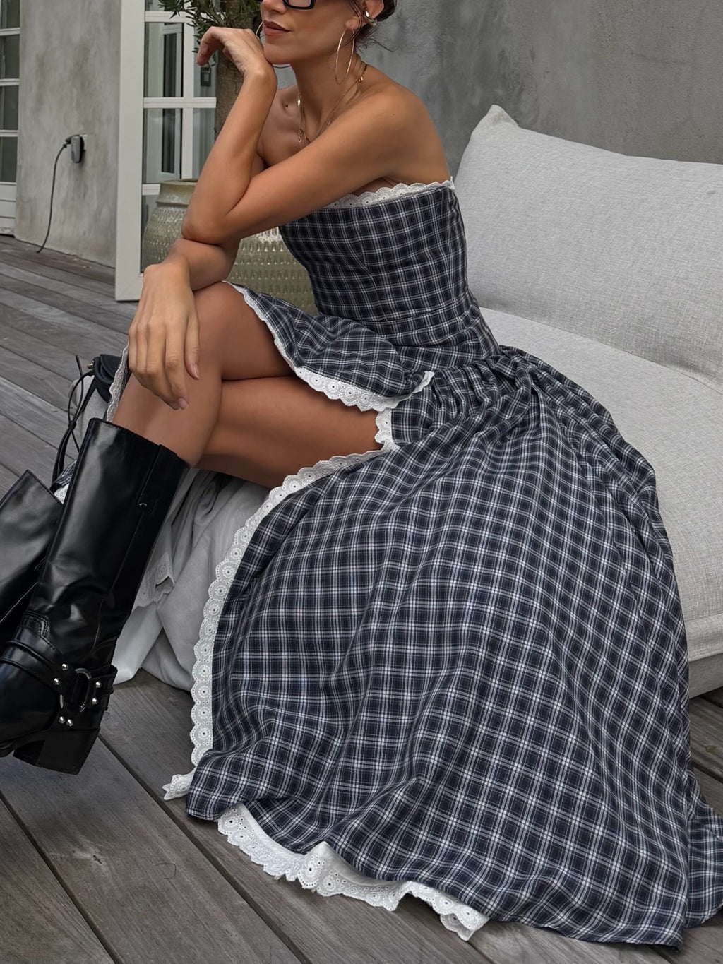 Blue Plaid Strapless High Slit Midi Dress