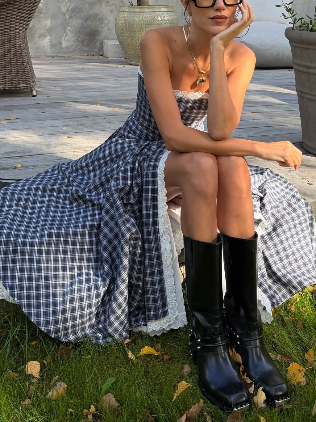 Blue Plaid Strapless High Slit Midi Dress