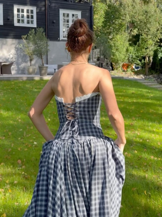 Blue Plaid Strapless High Slit Midi Dress