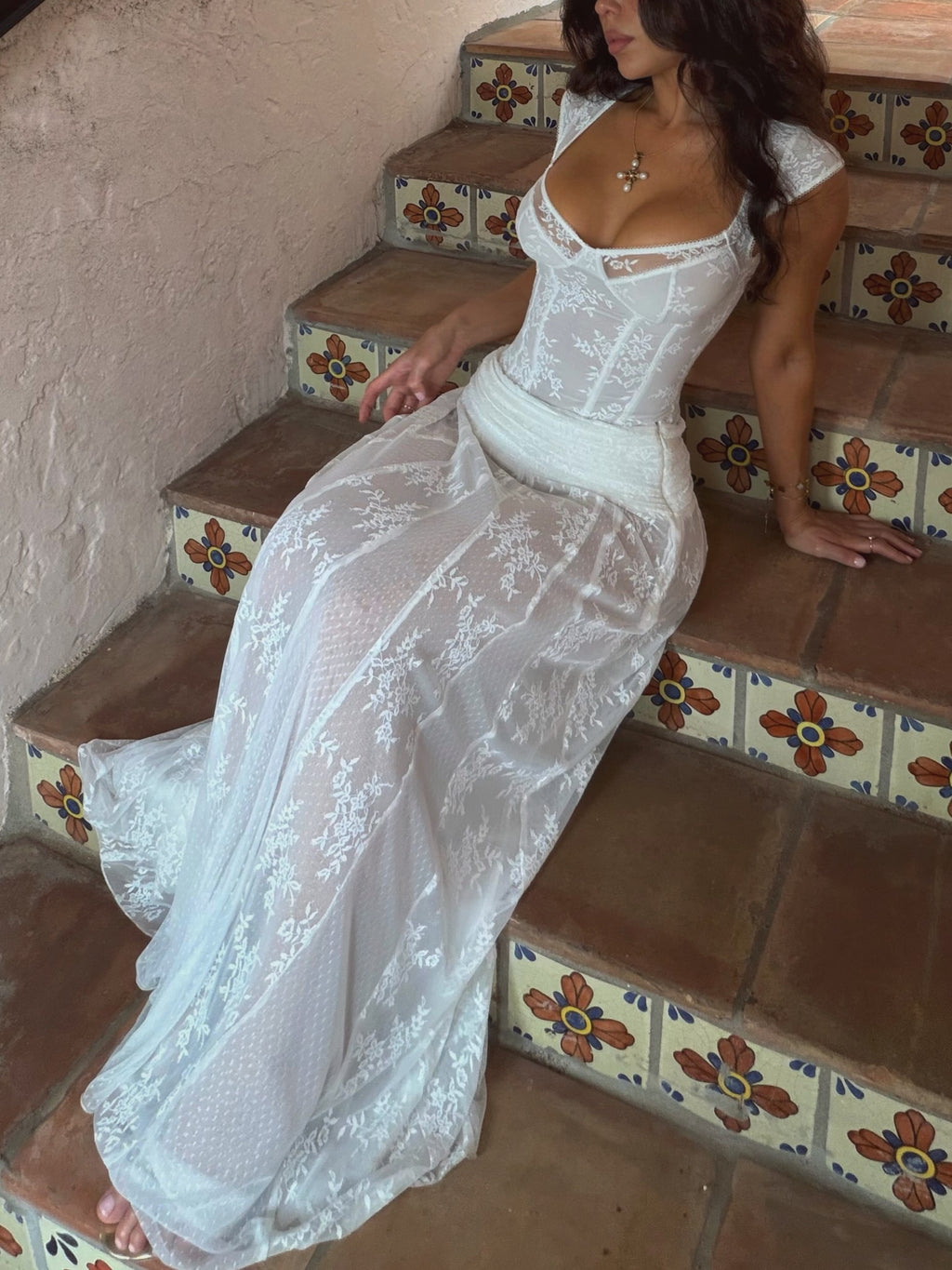 White Lace Corset Maxi Dress