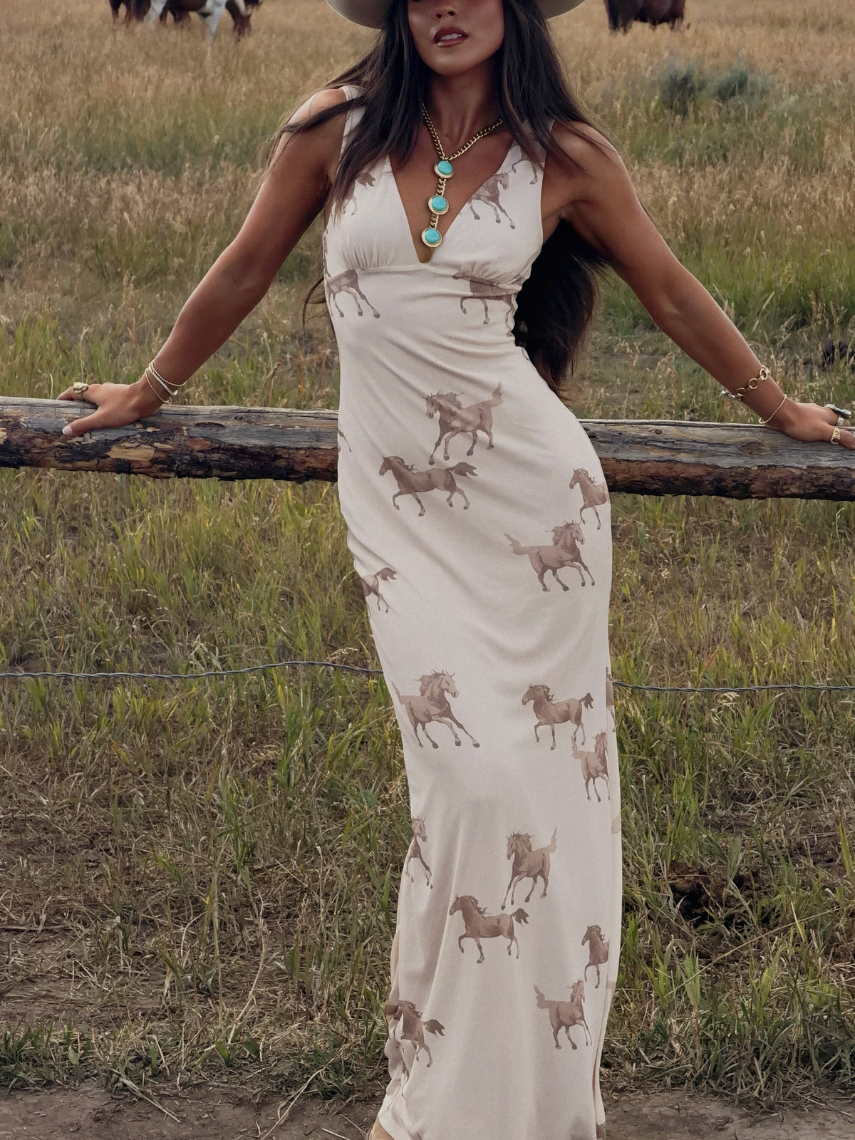 Cream Horse Print V-Neck Maxi Dress