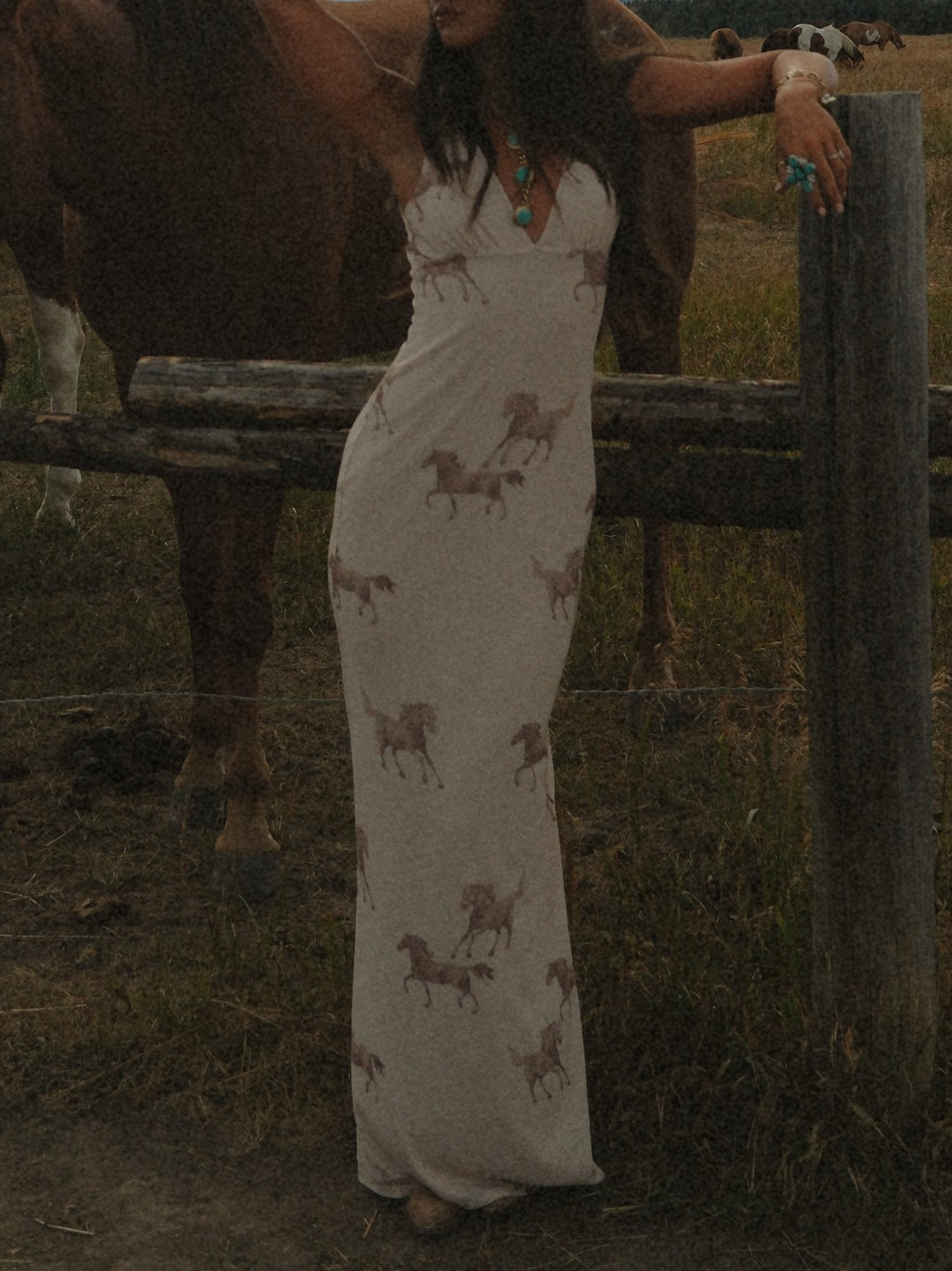 Cream Horse Print V-Neck Maxi Dress