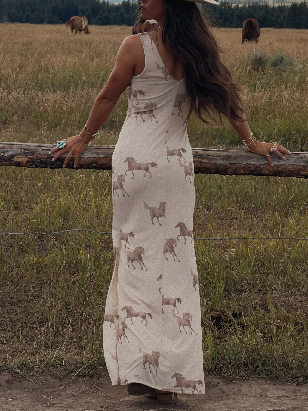 Cream Horse Print V-Neck Maxi Dress