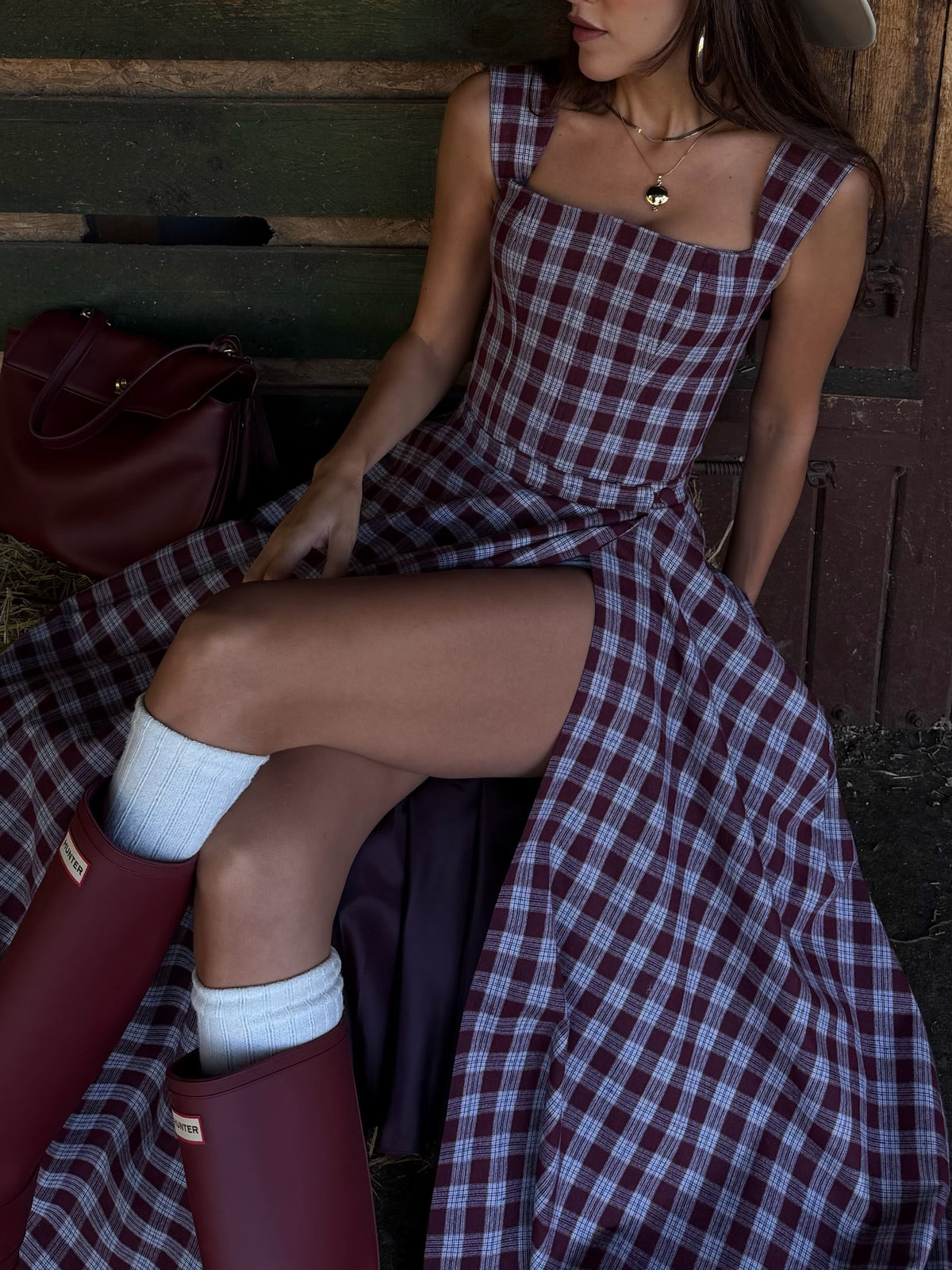 Burgundy Plaid Square Neck High Slit Midi Dress