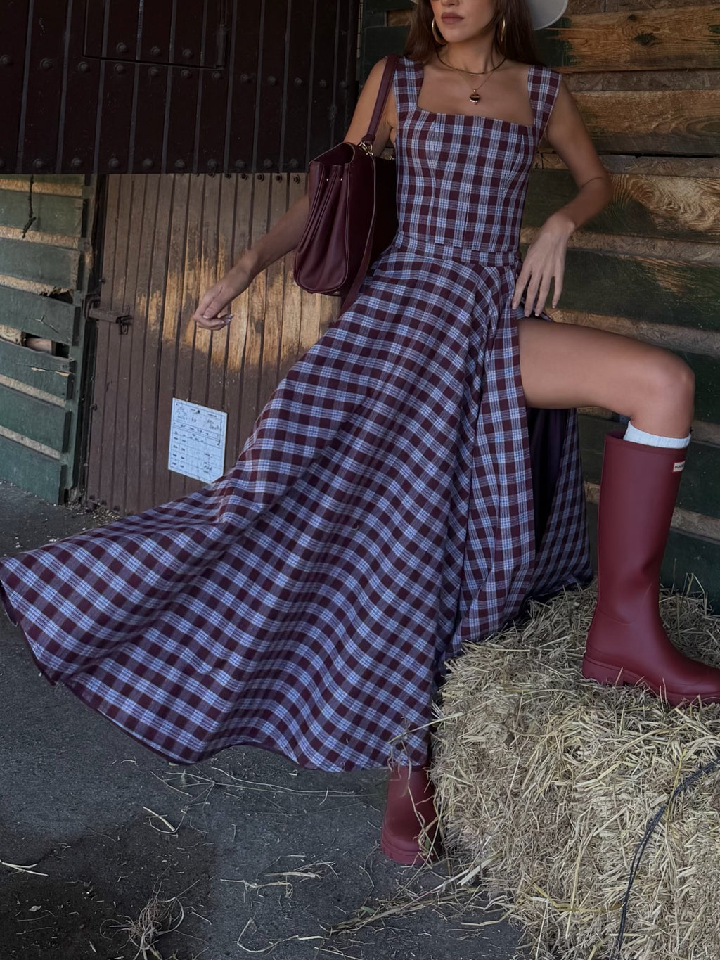Burgundy Plaid Square Neck High Slit Midi Dress