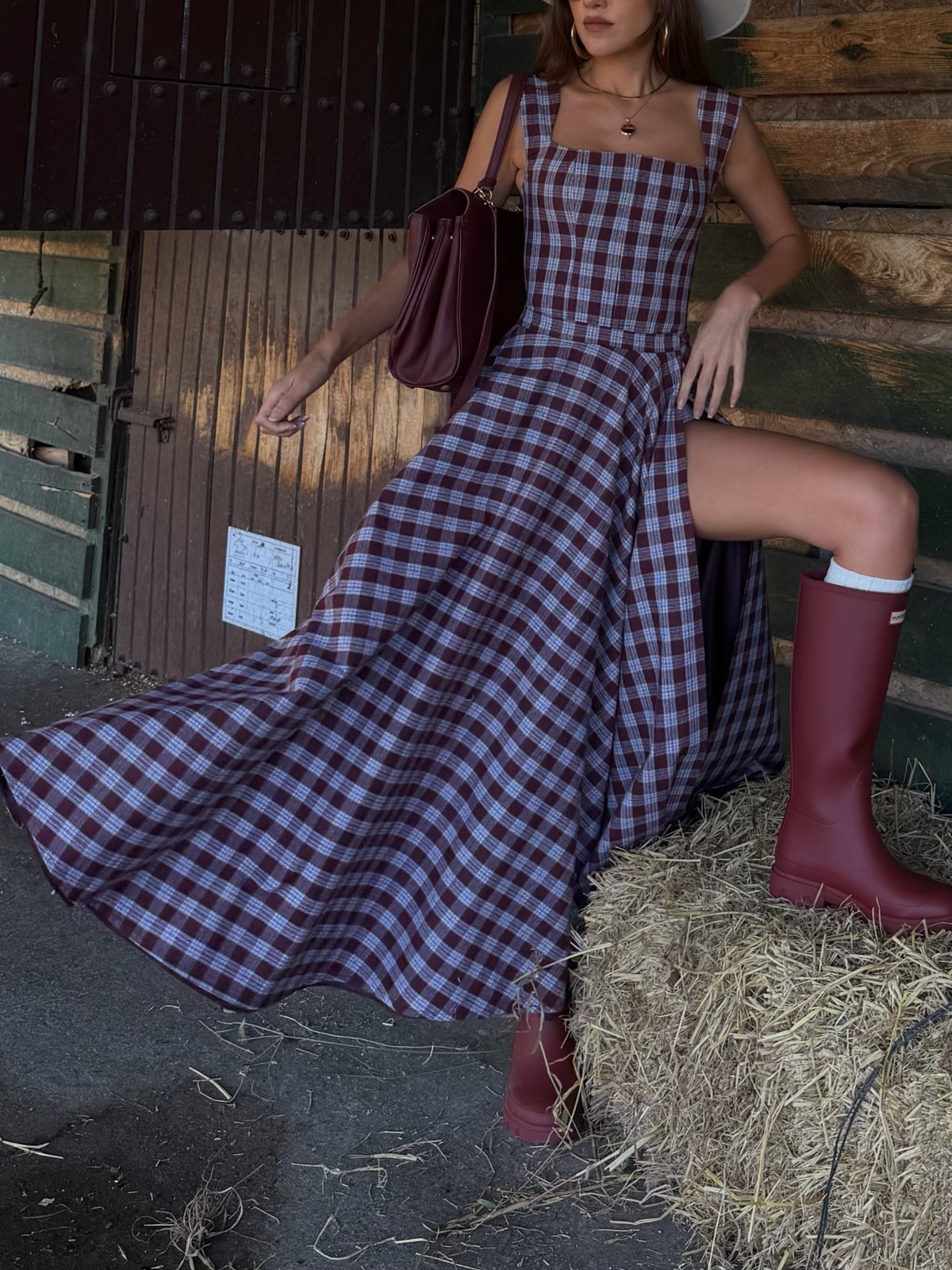 Burgundy Plaid Square Neck High Slit Midi Dress