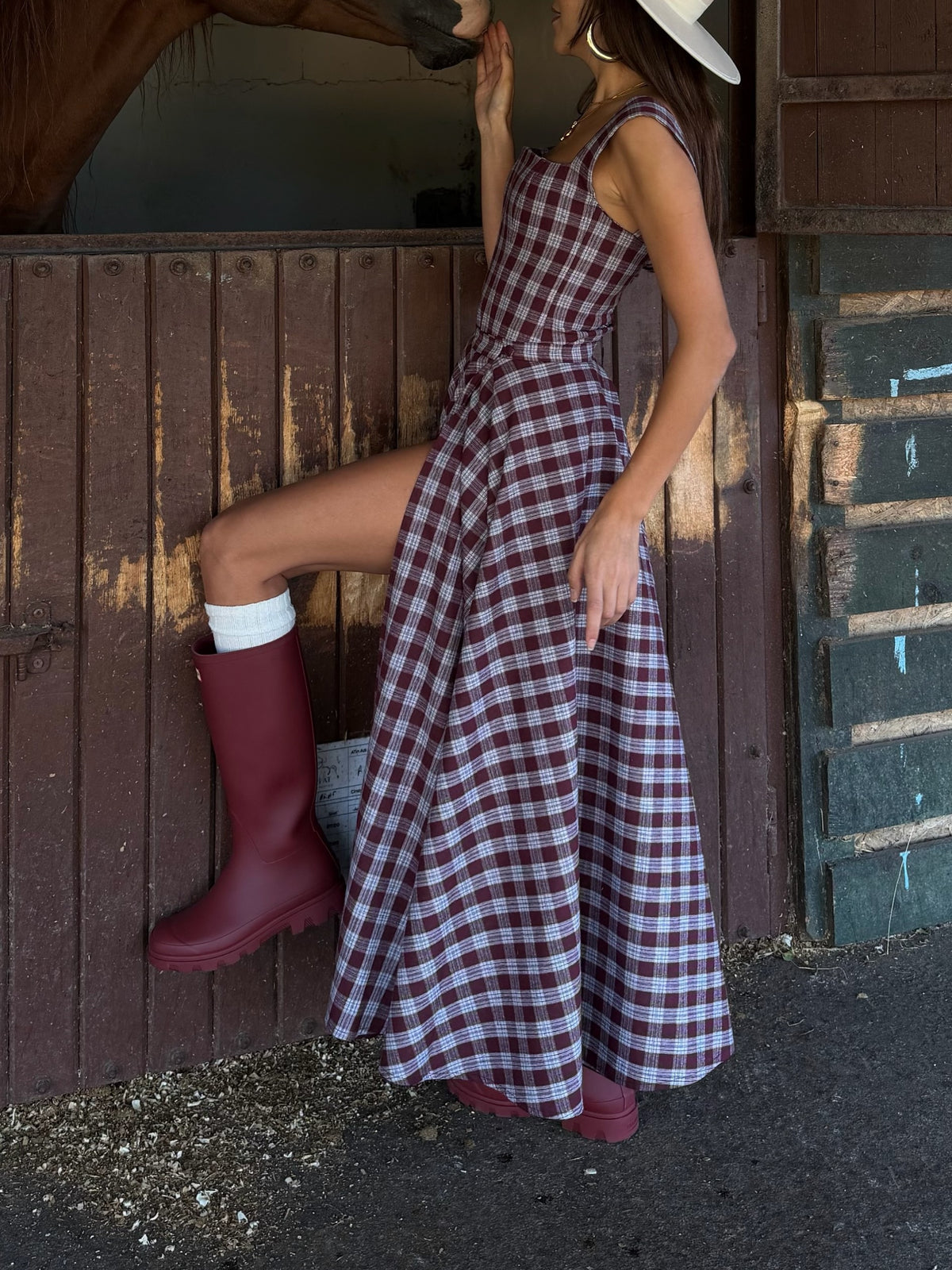 Burgundy Plaid Square Neck High Slit Midi Dress