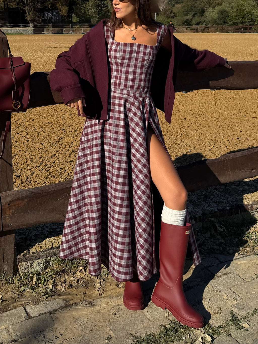 Burgundy Plaid Square Neck High Slit Midi Dress