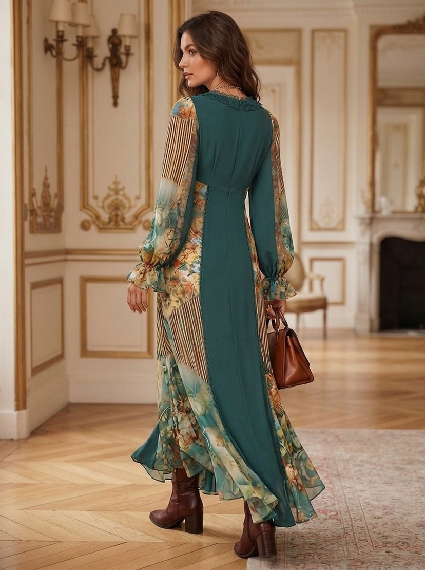 Teal Floral Double-Breasted Maxi Dress