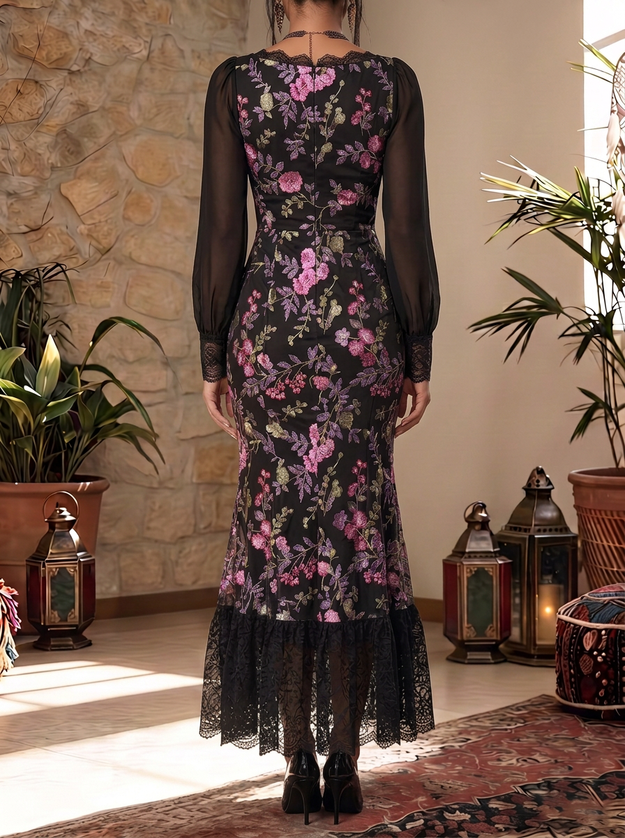 Black Floral Sheer Sleeve Mermaid Dress